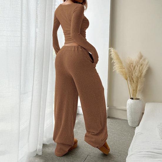 Women's 2 Piece Outfits Fall Casual Boat Neck Long Sleeve Ribbed Top Wide Leg Pants Matching Lounge Set
