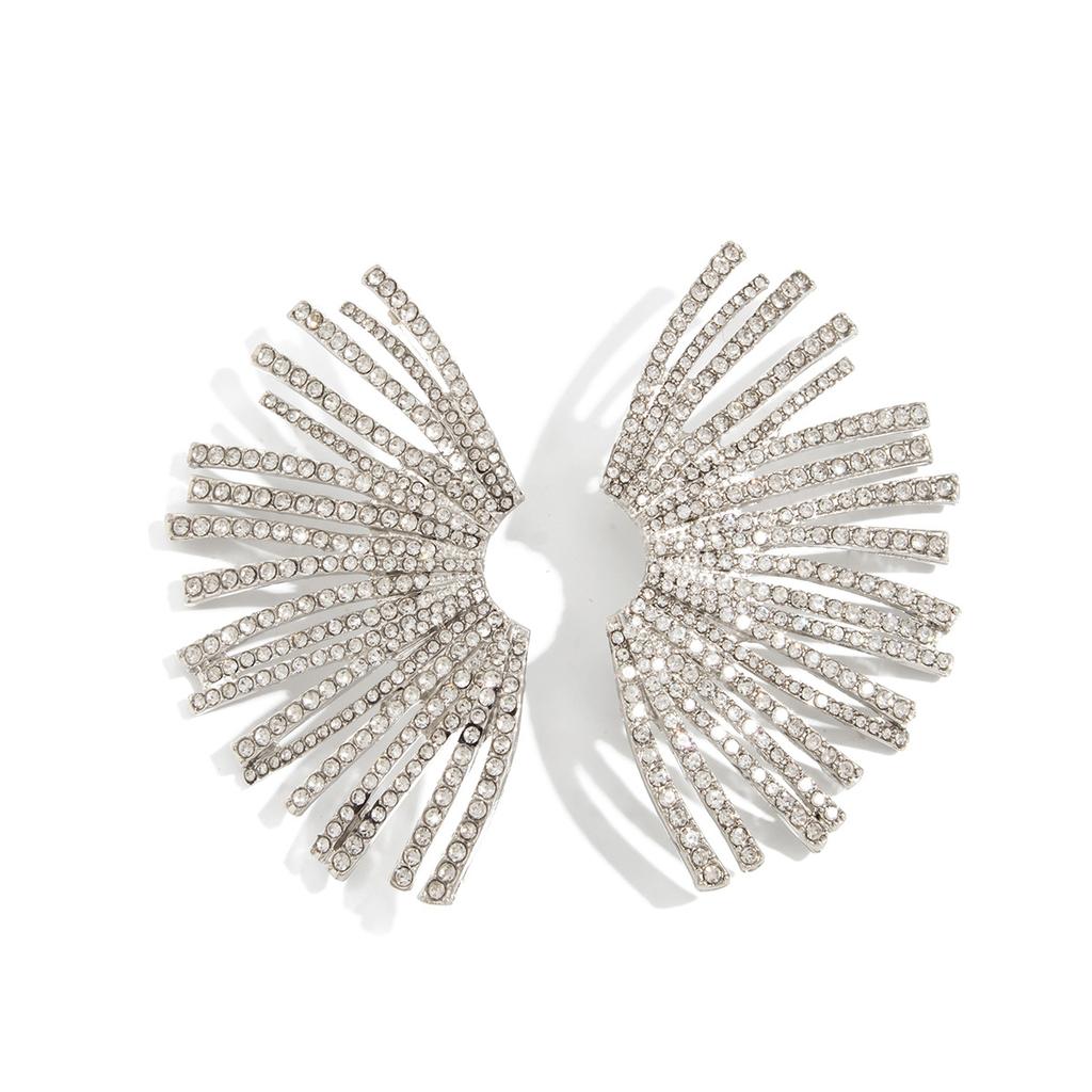 Light Luxury Diamond-Set Geometric Fan-Shaped Stud Earrings Female, Design Sense Black Diamond Moon Leaf Long Earrings