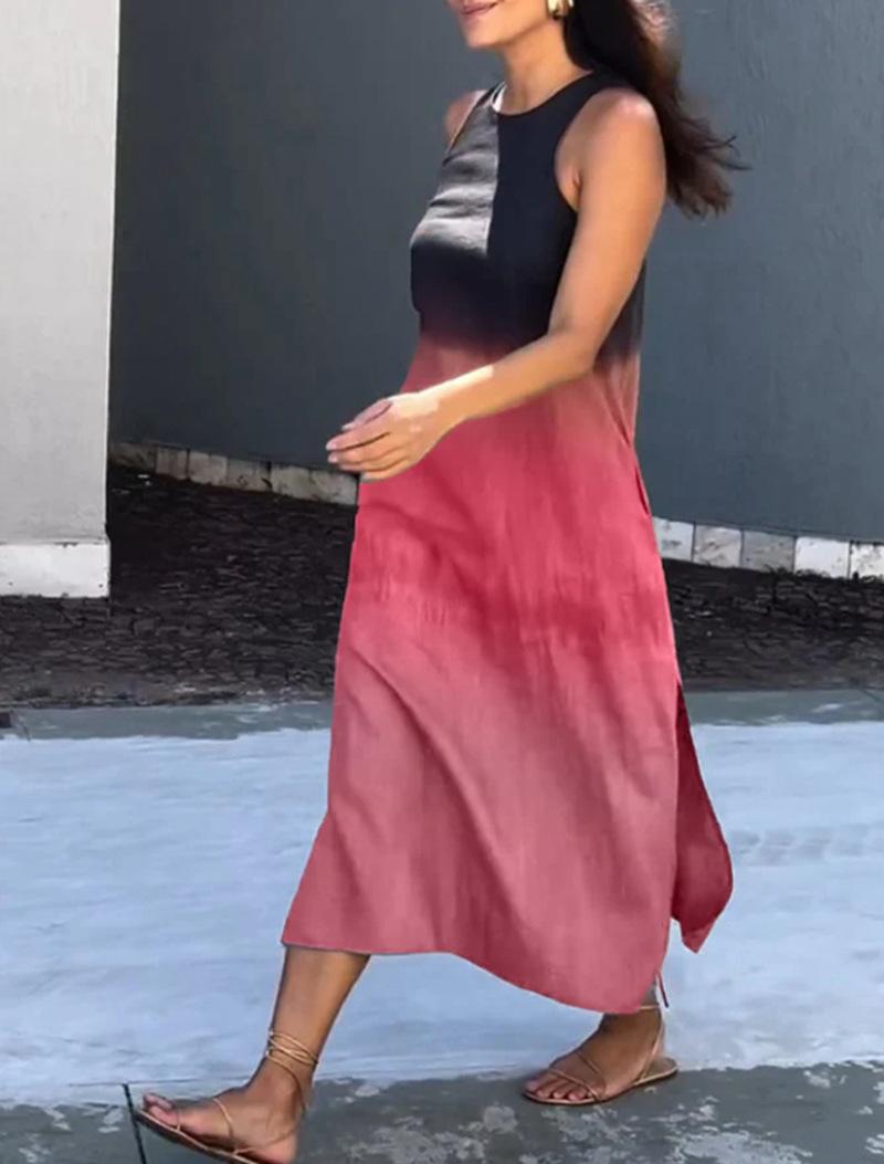 

Женское Макси-платье без рукавов с градиентом от серого к бежевому и боковым разрезом 3XL розовый