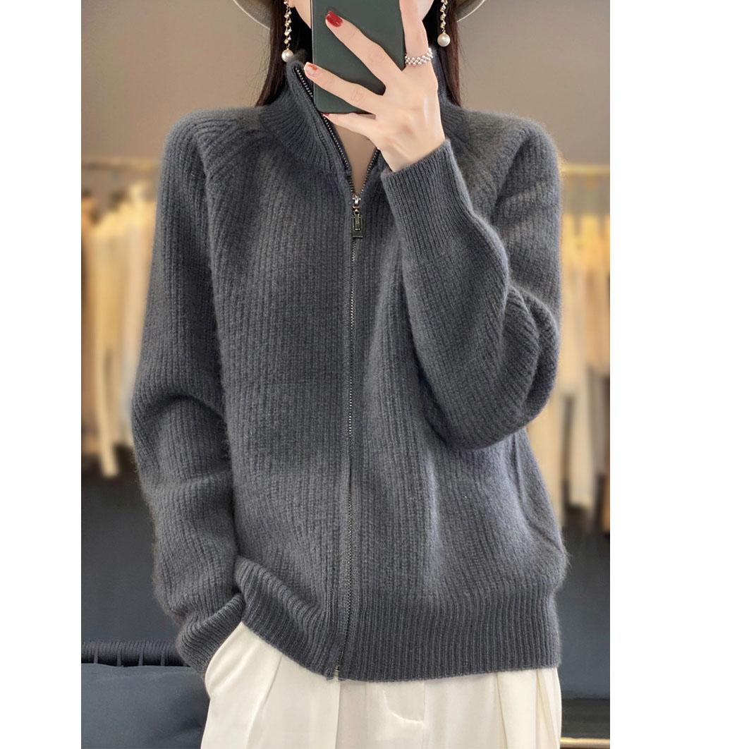 

Осенний вязаный кардиган с высоким воротом на молнии, женский шерстяной кардиган на молнии, подбитый воротник-стойка, женское кашемировое вязаное пальто, свитер с лацканами XL серый