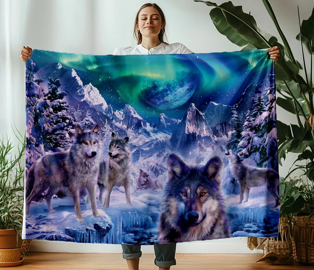 130×150cm Wolf Flannel Thin Fashion Blanket Plush Nap Sofa rug for Living Room Office Bedroom Birthday Home Travel couple Gifts