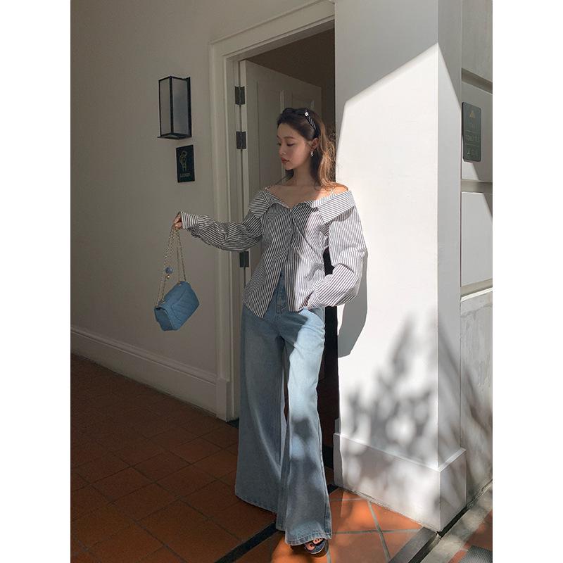 NEWOPEN 2025 Early Spring French Fashion Pure One-Shoulder Striped Women's Shirt C3270