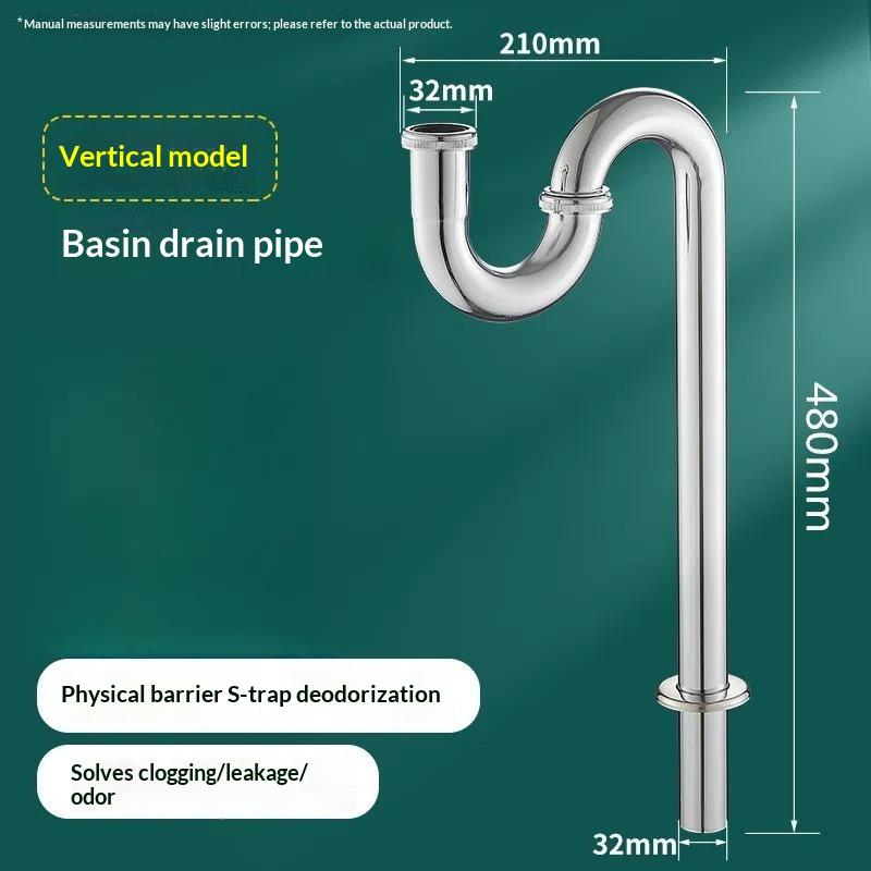 Stainless Steel Drain Pipe For Washbasins, U-Shaped Odor-Proof Basins, Wall-Mounted P-Bends, S-Bends