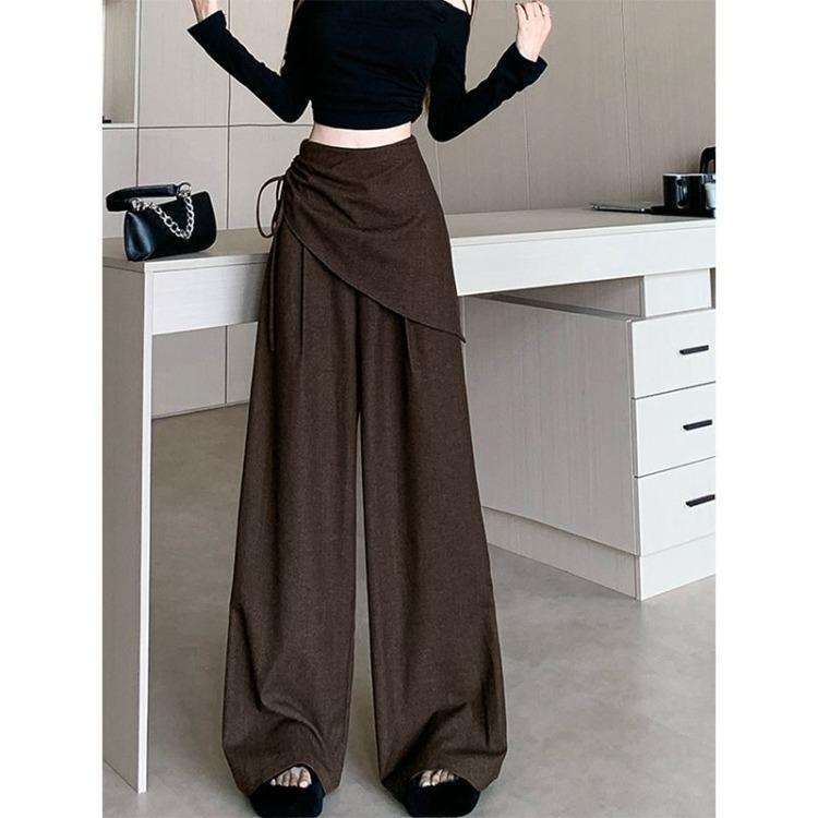 Grey High Waist Wide Leg Pants Women Autumn Split Design Slim Tied Waist Floor Length