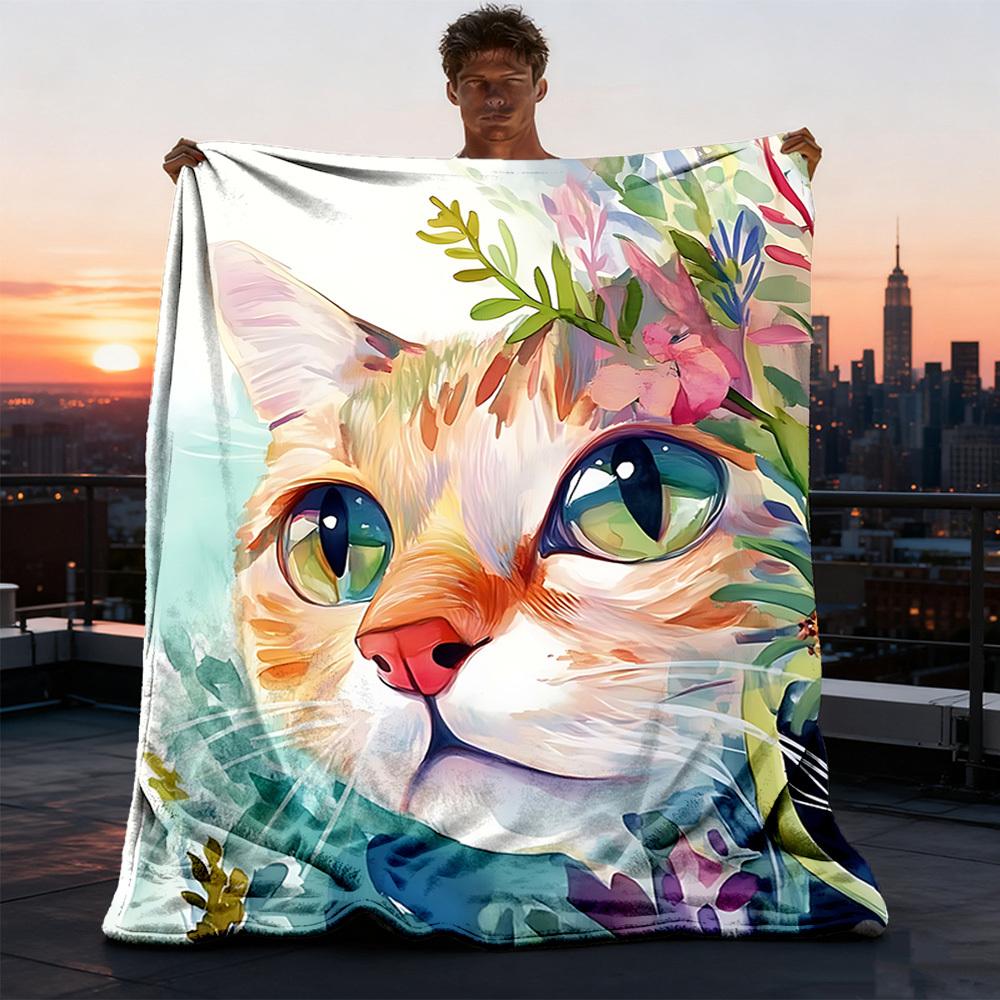 1pc Cat Floral Outdoor Blanket - Soft Flannel Cozy for Travel & Camping - All-Season Warm Bed Cover, Machine Washable Yy251229067