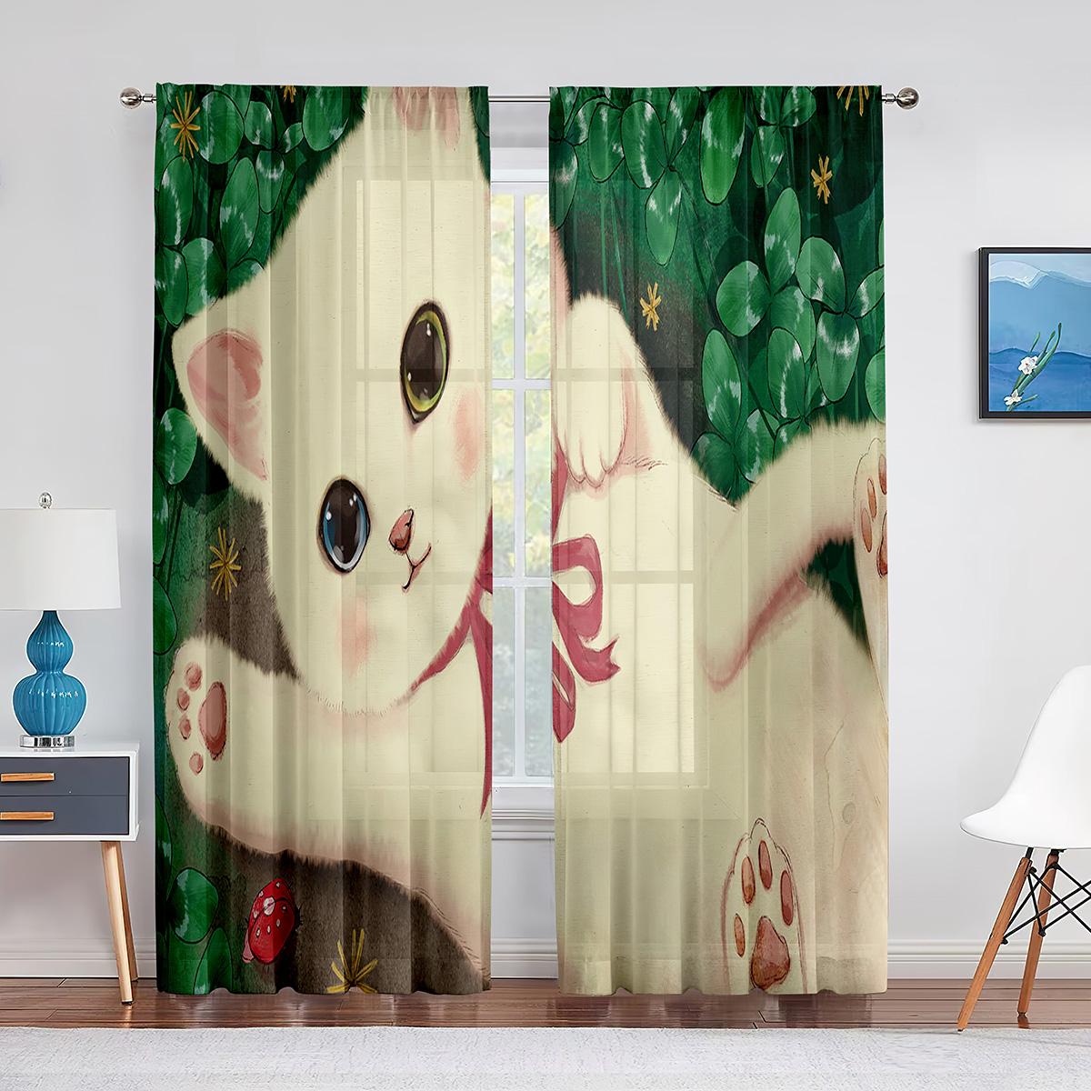 Прозрачные шторы с милым котом в стиле фэнтези для гостиной — фото 13