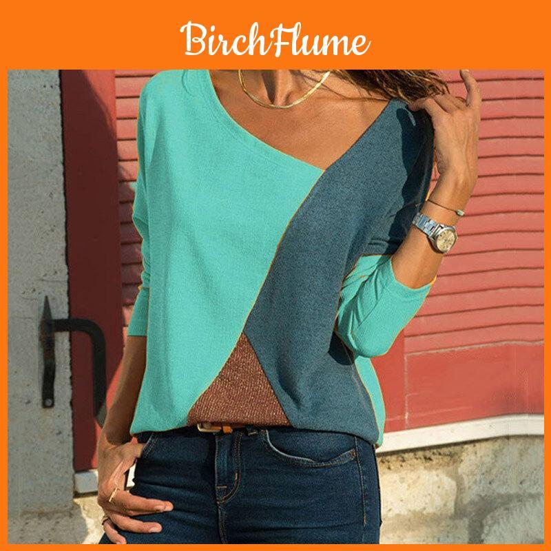 Elegante Damen-T-Shirts Langarm Rundhals Patchwork Pullover Slim Fit Damen Oberteile