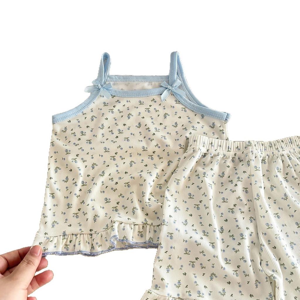 Summer Girls Floral Camisole Dress Set Thin Cartoon Sleeveless Princess Two Piece Outfit