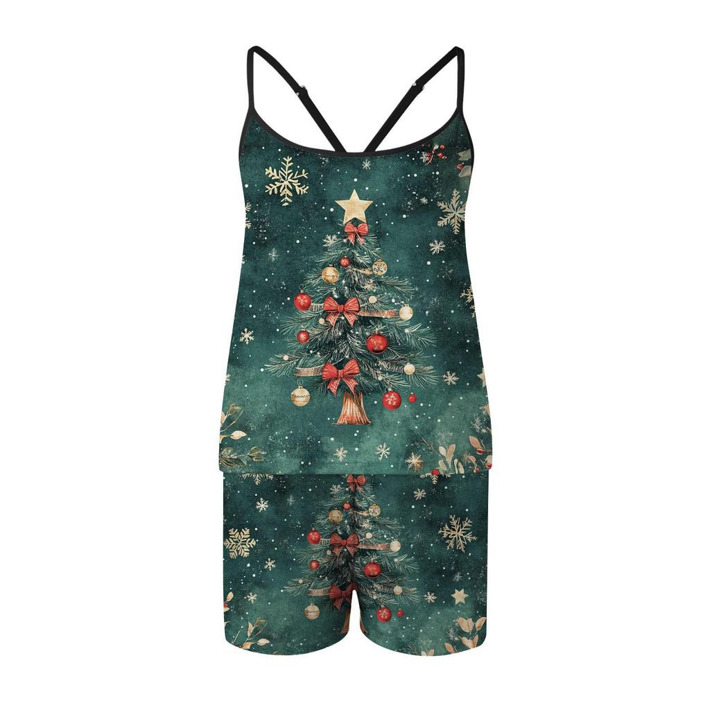 2024 Women's Christmas Print Sleeveless Top & Shorts Pajama Set