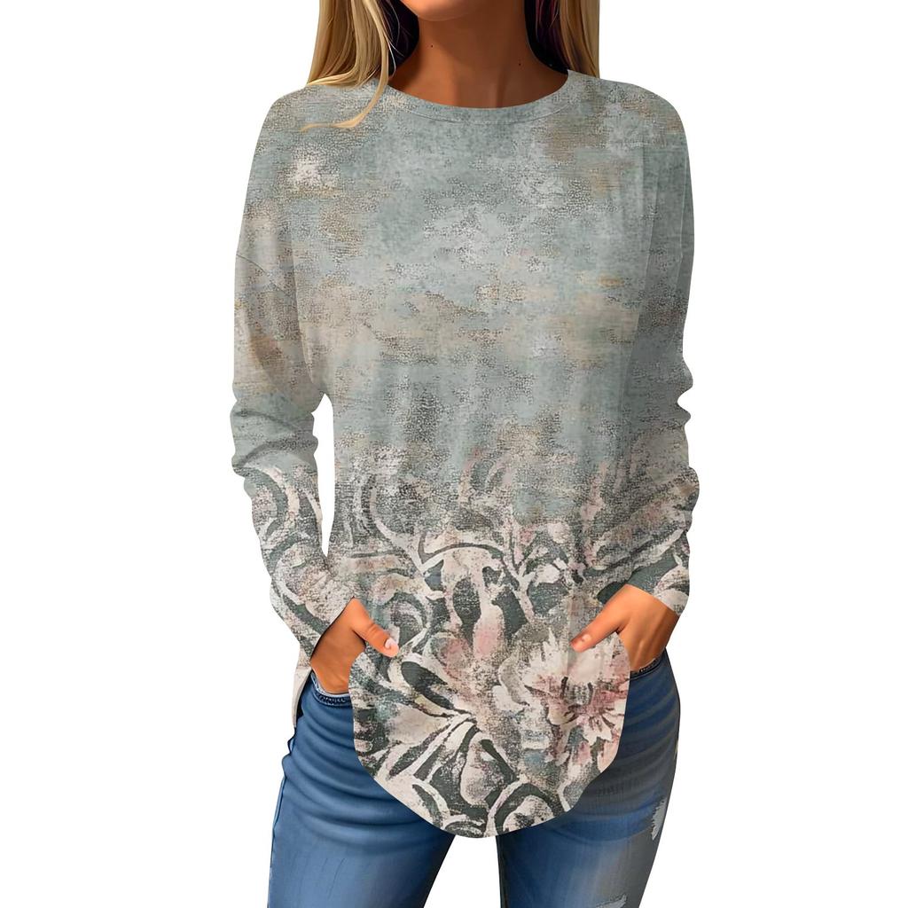 Women's Fashion Pullover Round Neck Long Sleeve Printed Top