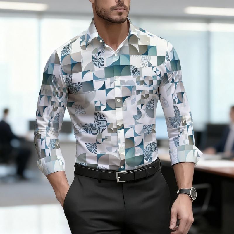Men's Shirt with Geometric Block Print, Slim Fit, Business Commuting Long Sleeved Shirt, Spring and Autumn Trendy Casual Top