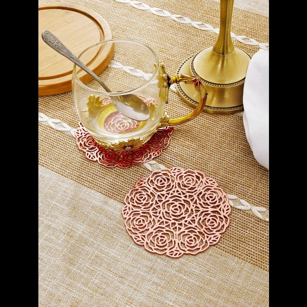 1pc Cocktail Coasters, Round Rose Hollow Coasters, Washable, Easy To Clean, Non-Slip, Heat-Resistant Suitable For Dining Table Decor, Home Decor