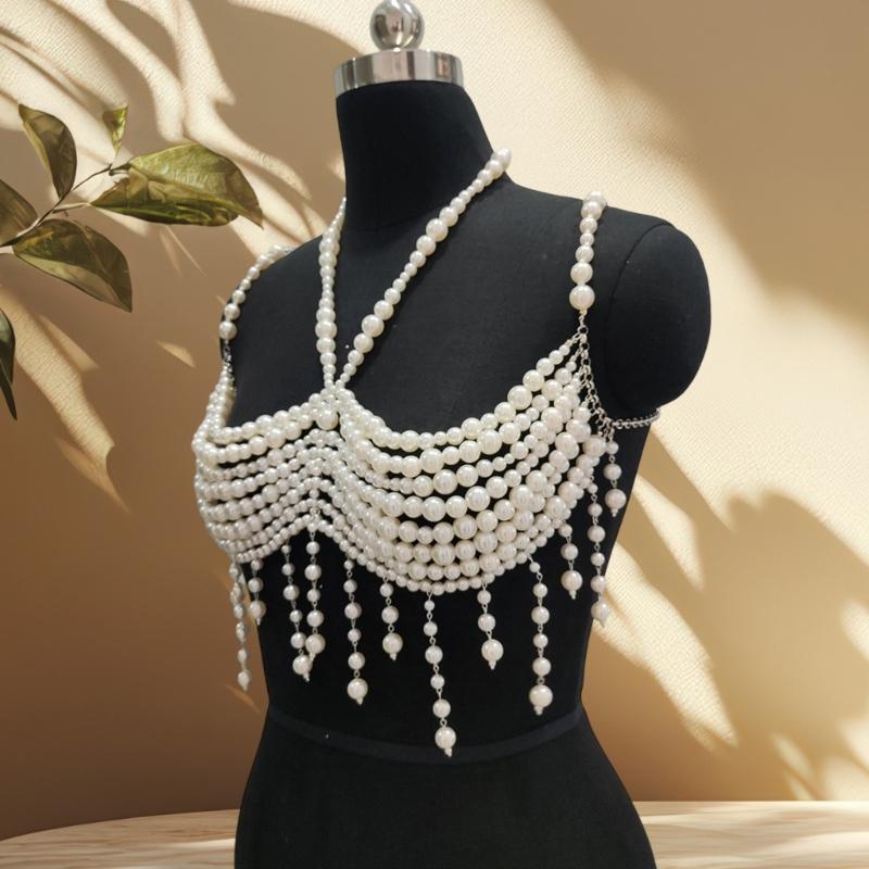 Catena da corpo con frange e perle finte alla moda, Bralette, Gioiello per il corpo con perline, Harness, Bustier, Top a reggiseno per costumi da bagno da donna