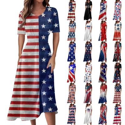 Ladies Casual Fashion Print V-Neck Short Sleeve Waist Long Swing Dress