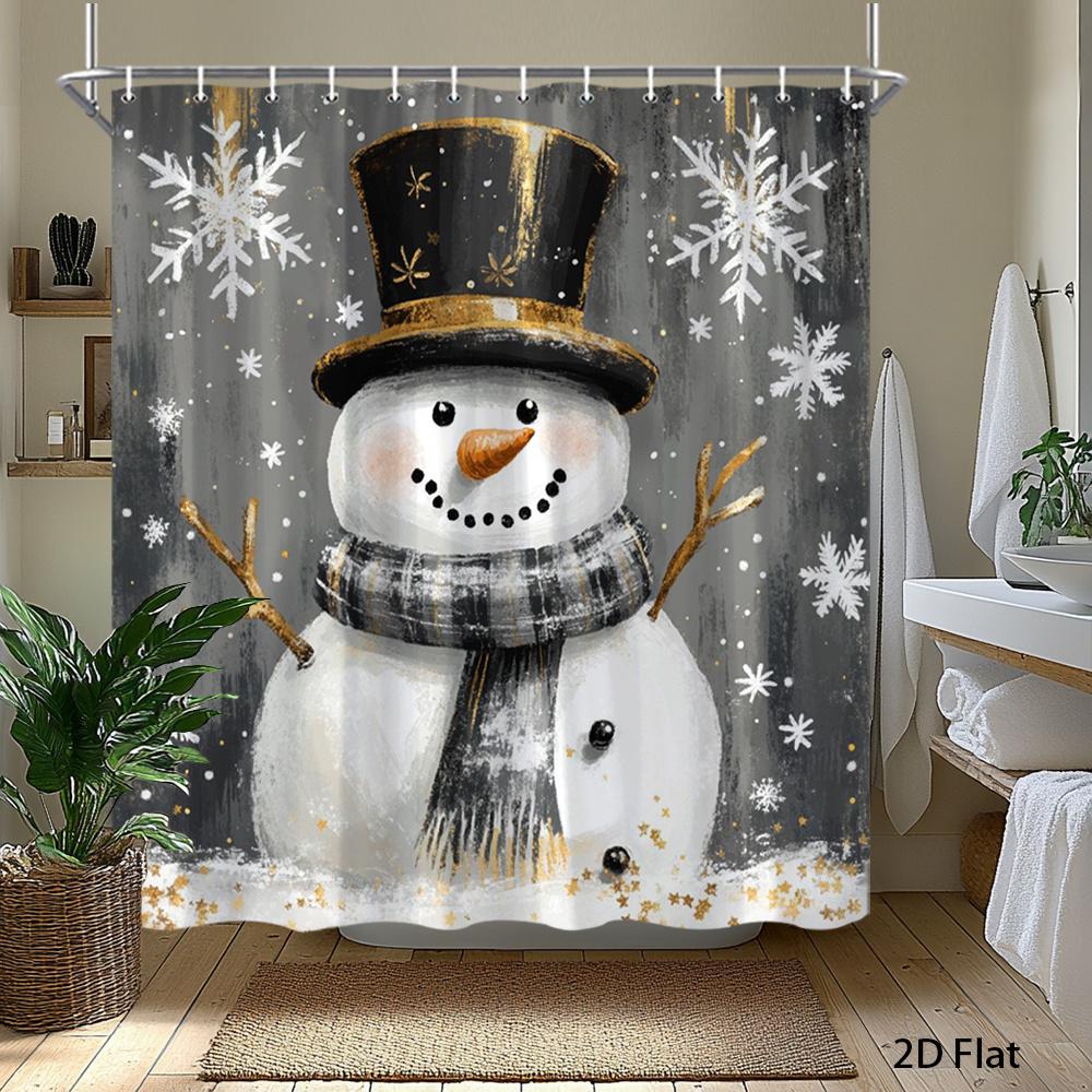 1pc 2D Flat Cute Snowman Christmas Shower Curtain, Rustic Winter Snowflake Print, With Hooks, Holiday Bathroom Decor