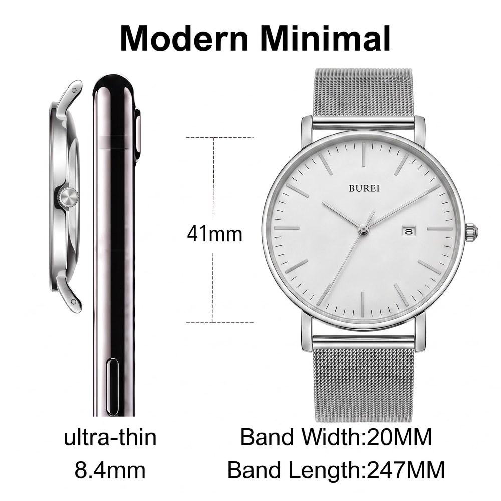 BUREI Men's Stylish Waterproof Analog Watch Silver White Milanese Mesh Band Fashion Wristwatch