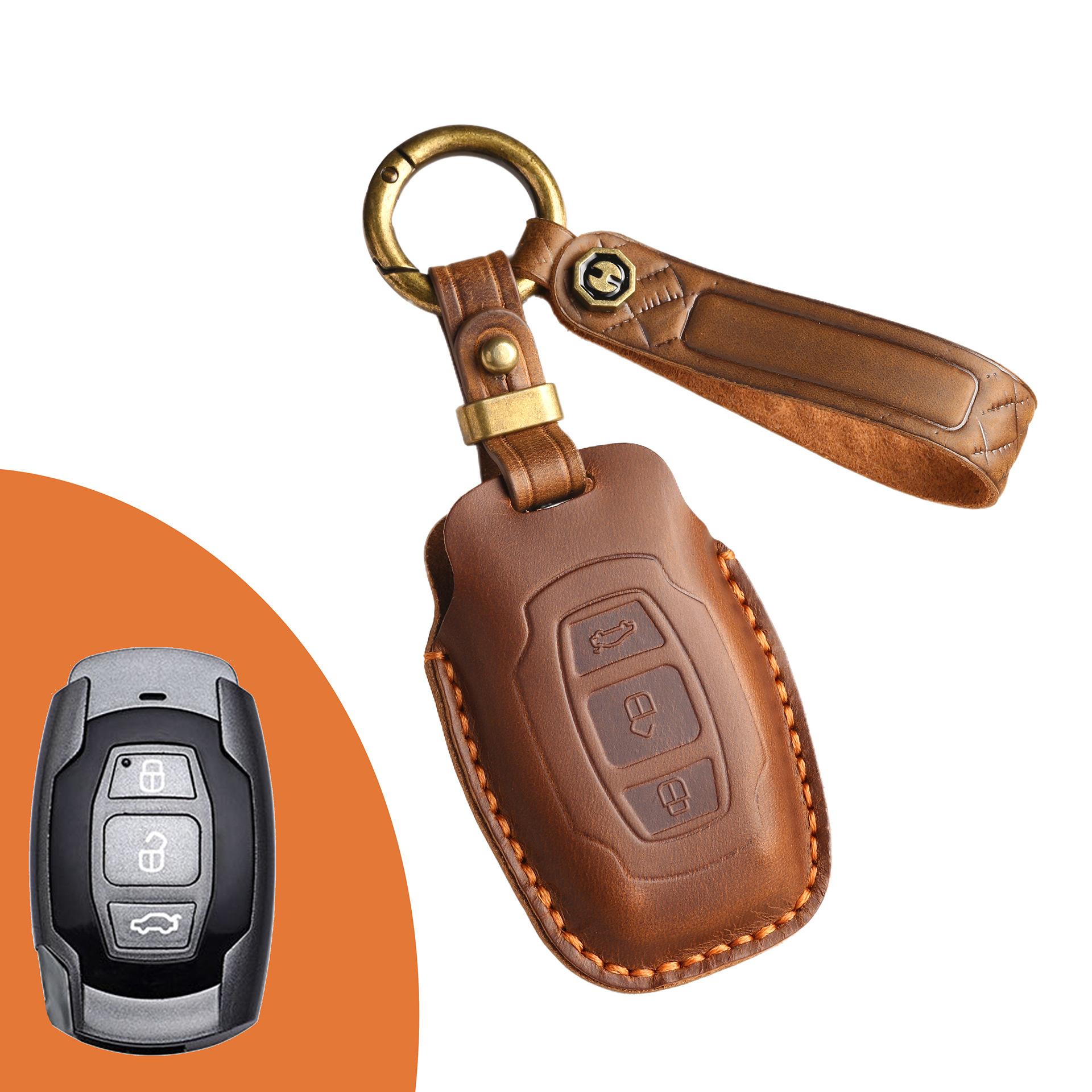 

The new retro key cover is suitable for the old BYD pure hand-stitched leather key protection case ring. коричневый