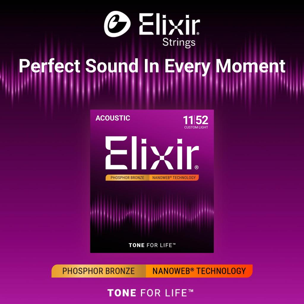 Elixir NANOWEB Phosphor Bronze Custom Light Acoustic Guitar Strings, .011-.052, #16027