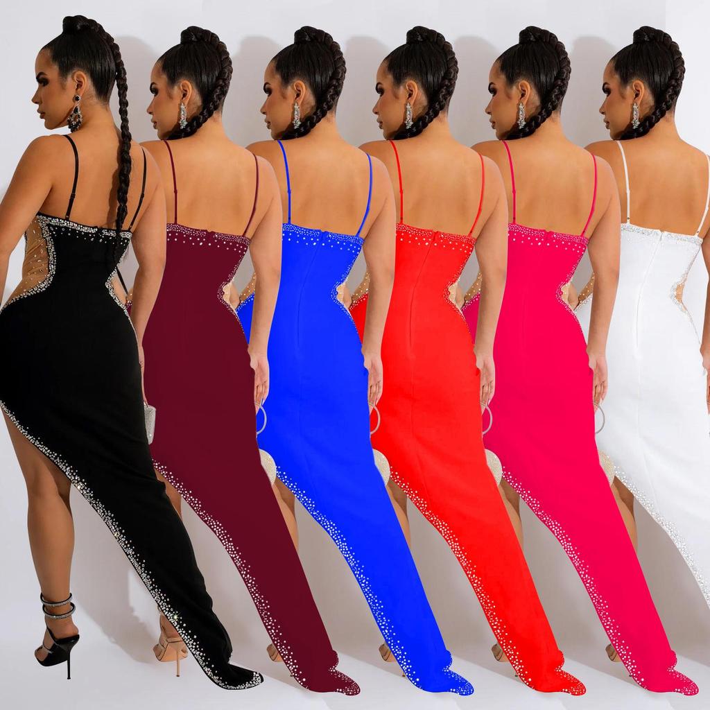 Women's Fashion Solid Color V-Neck Sleeveless Long Dress with Hot Drilling