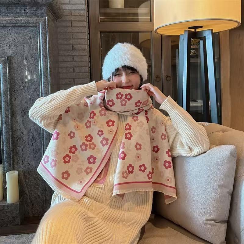 Premium Double-Sided Jacquard Houndstooth Scarf Wrap Women Winter Fall Warm Cotton Blend Shawl 185x70cm