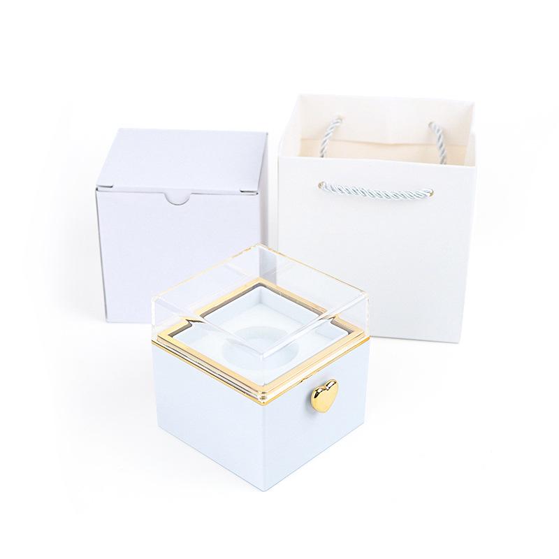 Luxury Rotating Acrylic Jewelry Box with Preserved Rose, Teddy Bear, and Birthday Cake Design
