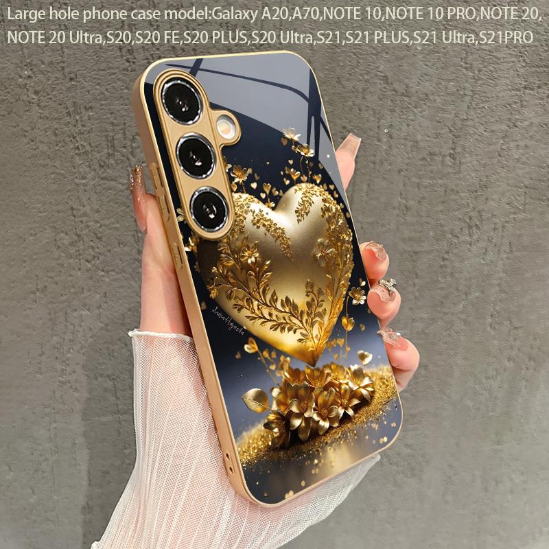 Gold Heart Floral Pattern 2D Phone Case for Samsung S26 S25 S24 S23 S22 S21 S20 A56 A36 A16 - Golden Glass Protective Cover