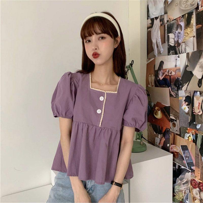 Short-sleeved for Women Loose 2025 Summer New Korean Style Design Sense Doll Shirt Puff Sleeve Square Collar Shirt Short Top