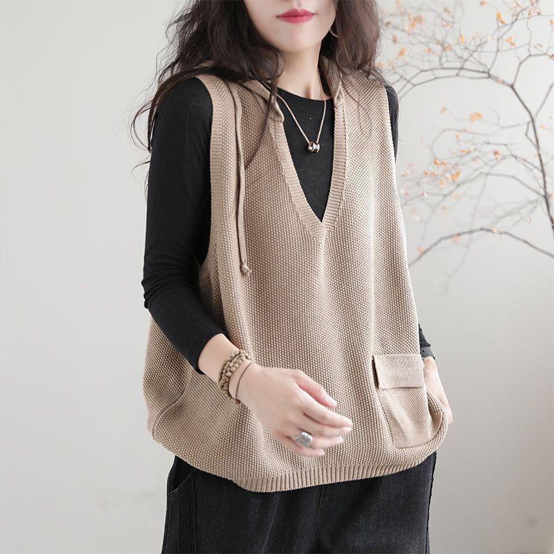 

Женский осенне-зимний вязаный жилет-свитер с капюшоном, жилет свободного повседневного стиля XS хаки