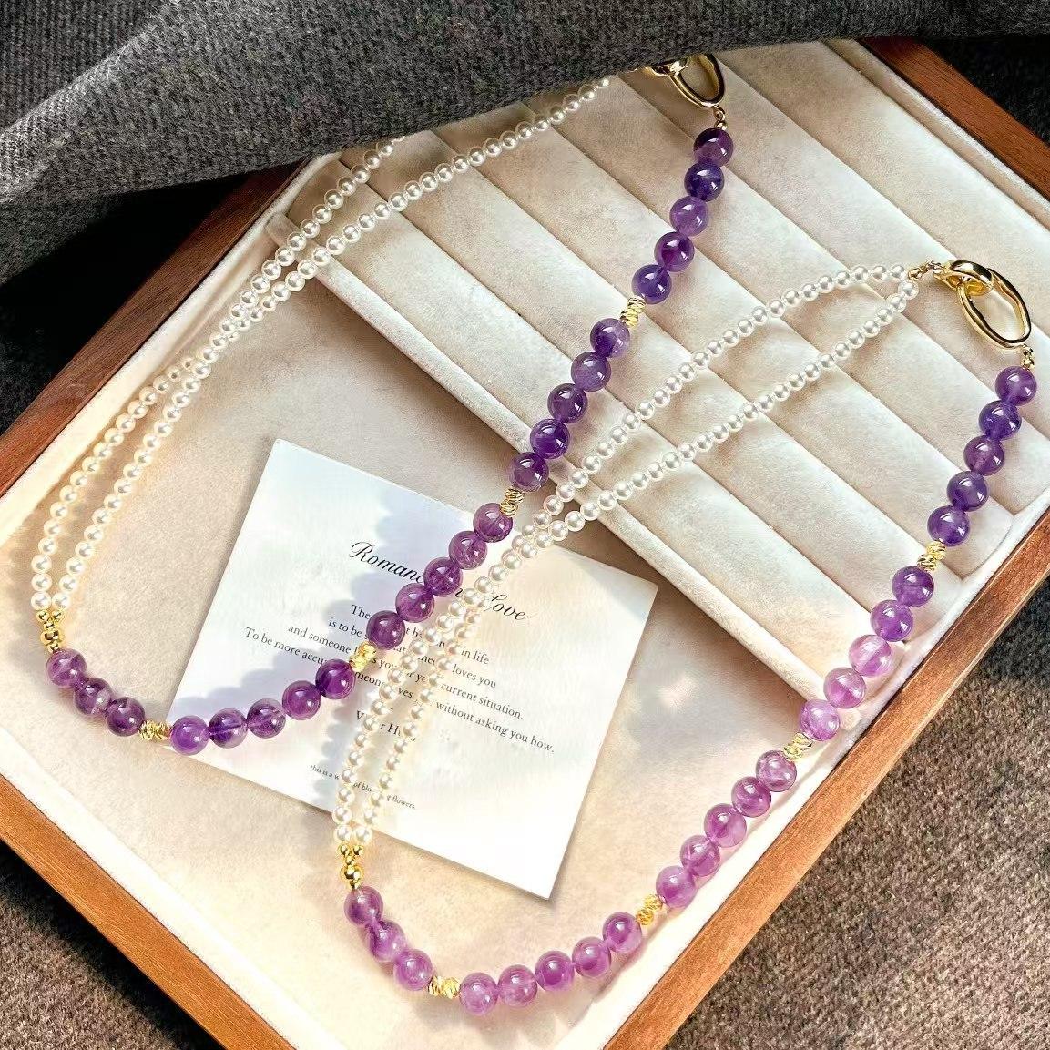 

Vintage Natural Amethyst Faux Crystal Pearl Design Sense Clavicle Chain Necklace
