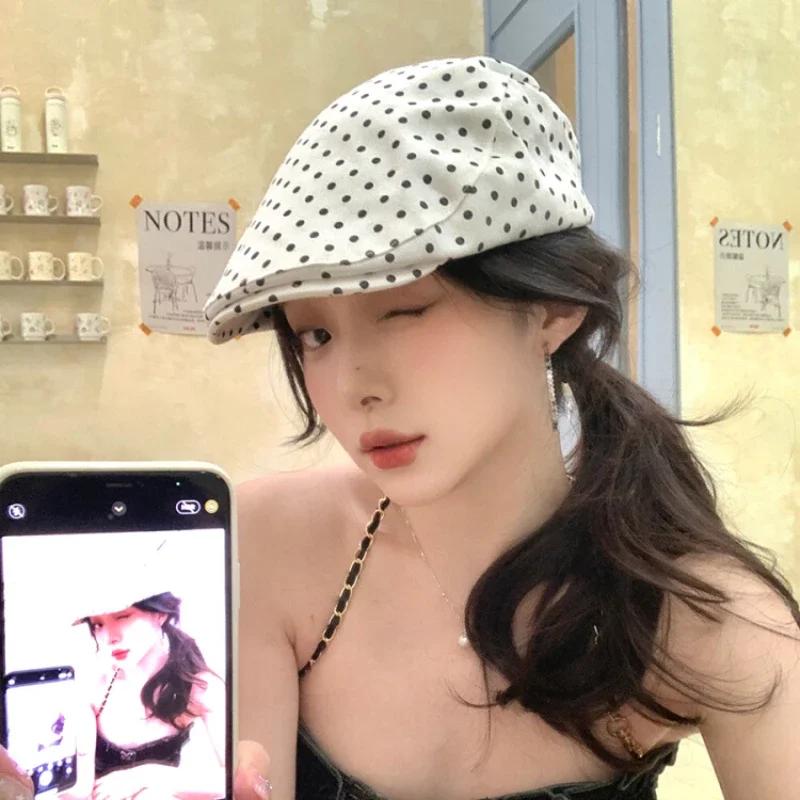 Ins New Retro Polka Dot Print Forward Hats for Women Spring and Summer Outing Sweet Versatile Fashion Y2K Berets Cap Bonnet