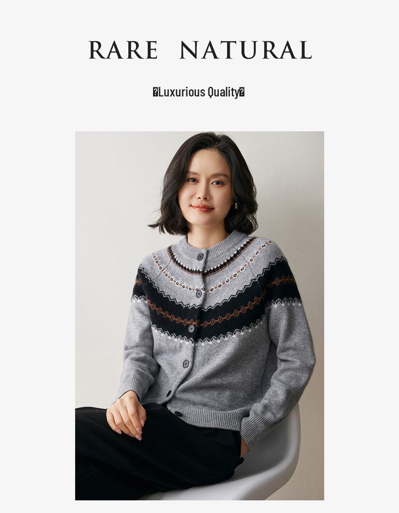 2025 Fall/Winter Striped Retro Women's Cashmere Sweater - Loose Round Neck Thick Cardigan with Long Sleeves