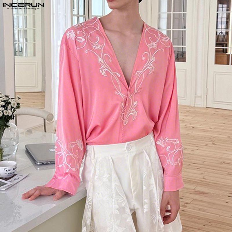 INCERUN Men Deep V Neck Long Sleeve Embroidery Casual Oversized Shirts