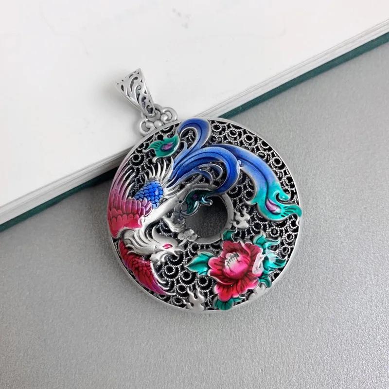 Neu im Charms Chinesischer Stil Geschnitzt Bunt Emailliert Phönix Pfingstrose Blume Halskette Für Frauen Runder Hohler Anhänger Schmuck