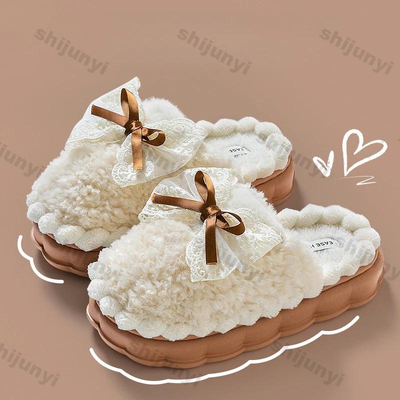 Women Fashion Winter Toe Wrap Warm Bows Cotton Slippers Thick Soft Sole Slides Female Indoor Thick Soles Non-slip Plush Shoes