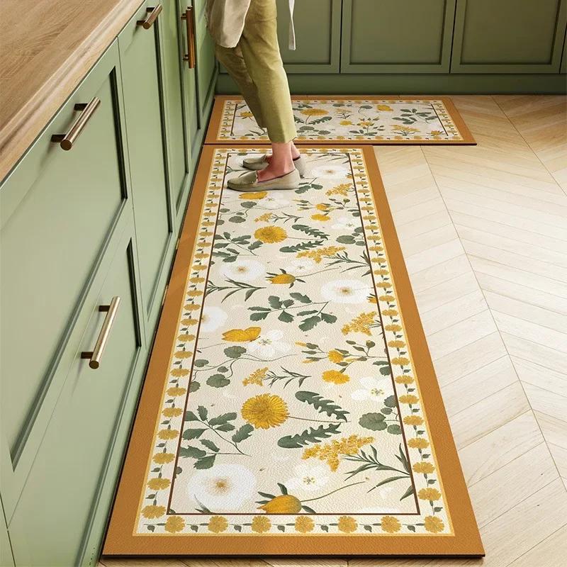 Kitchen Floor Mat PVC Leather Waterproof Carpet Non-slip Long Foot Mats Flower Pastoral Style Home Decoration Rug Vinyl Carpets