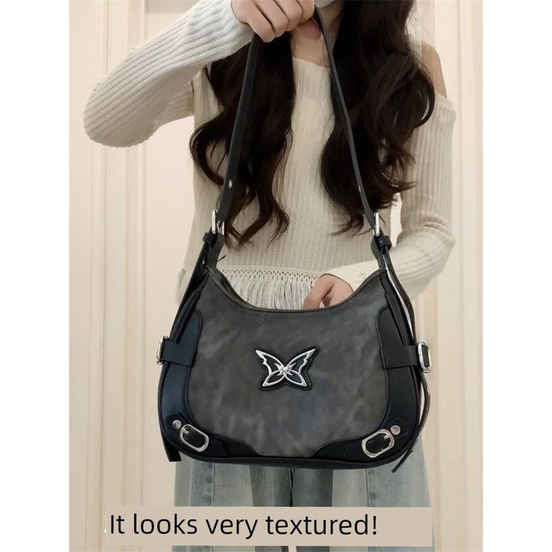 

American vintage Butterfly Motorcycle Bag Women Sweet Cool Millennium Gyaru Underarm Bag High-Grade All-Match Shoulder Messenger Bag Black