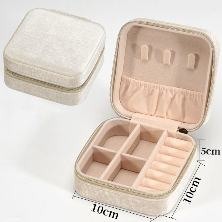 Portable Double-Layer Velvet Jewelry Box with Mirror and Zipper for Earrings and Rings