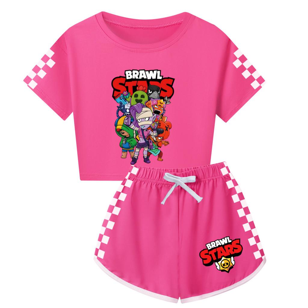 4094 Kids Girls Brawl Stars Print Short Sleeves T-Shirt Shorts Pants Sport Clothes Set