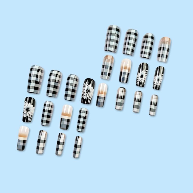 24 Pcs Checkerboard Press On Nail Medium Square False Nail White Flowers Acrylic Nail French Full Cover Stick On Nail