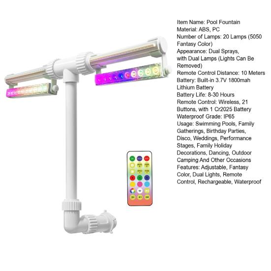 Bazénová fontána se 7barevným LED světlem, nastavitelná dvojitá rozprašovací fontána, bazénová vodní fontána, postřikovač pro nadzemní i zapuštěné bazény