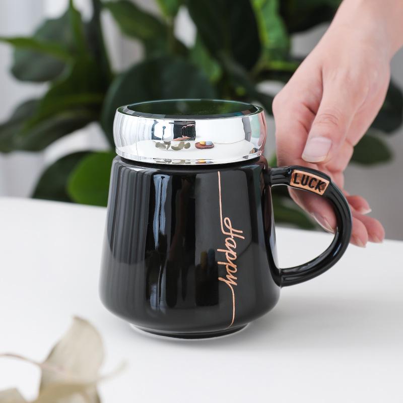New Creative Mirror Cup, Mirror Cover Office Handle Ceramic Water Cup Activity Gift Mug with Lid