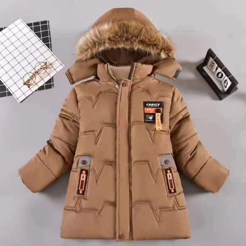 New Fashion Style Winter Keep Warm Boys Jacket Letter Lining With Plush Fur Collar Hooded Heavy Coat For Kids