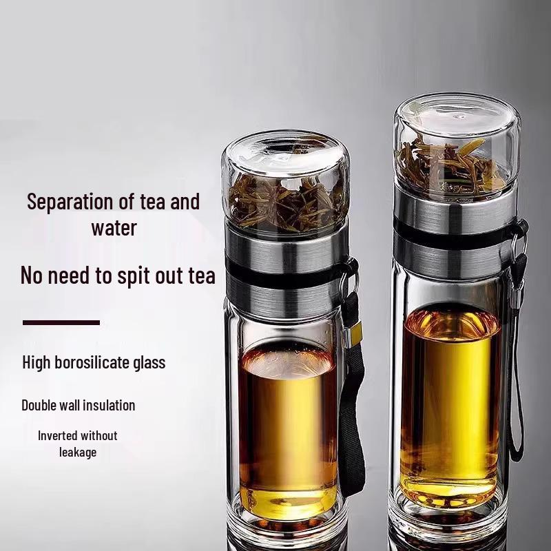 Men's Portable Double-Layer High Borosilicate Glass Cup with Custom Logo and Rope Handle