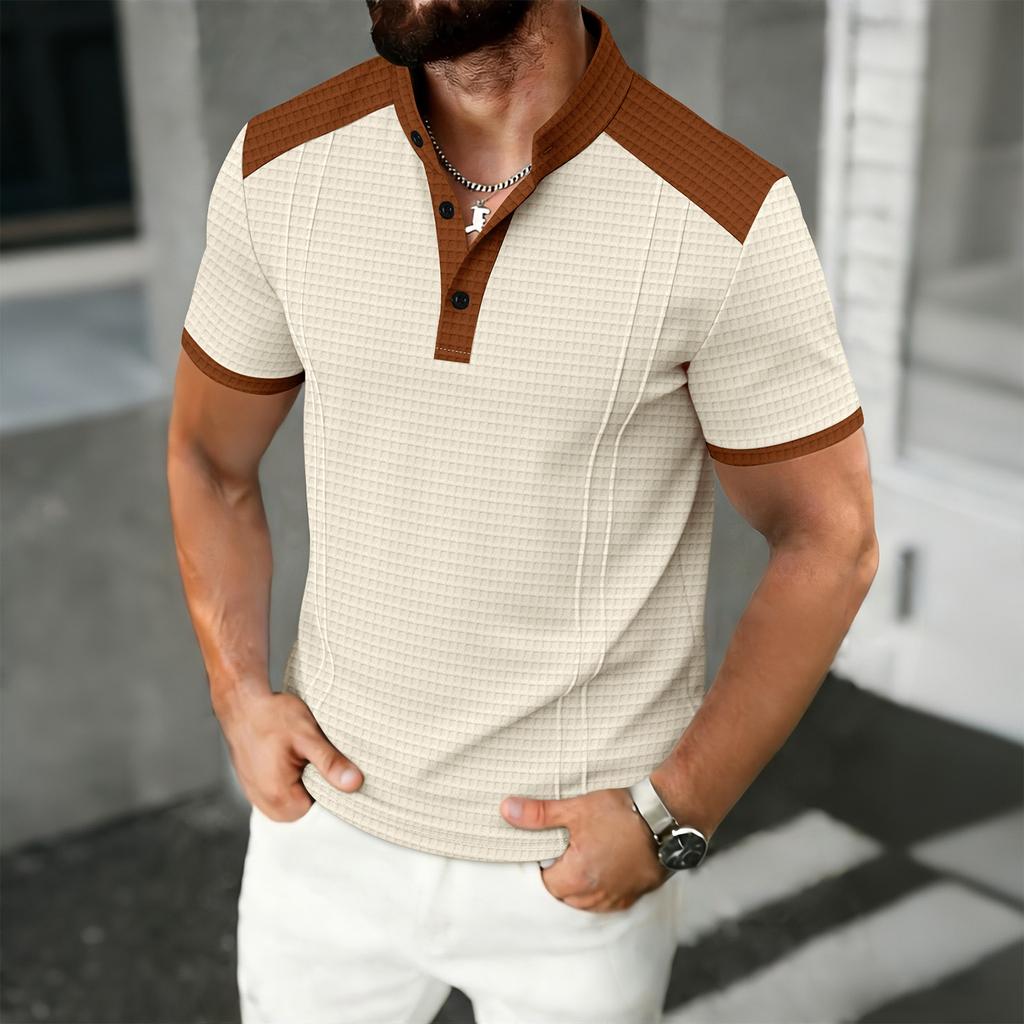 Men's Color Blocked Stand Up Collar Single Breasted Shirt Men's Casual And Comfortable Short Sleeved Shirt