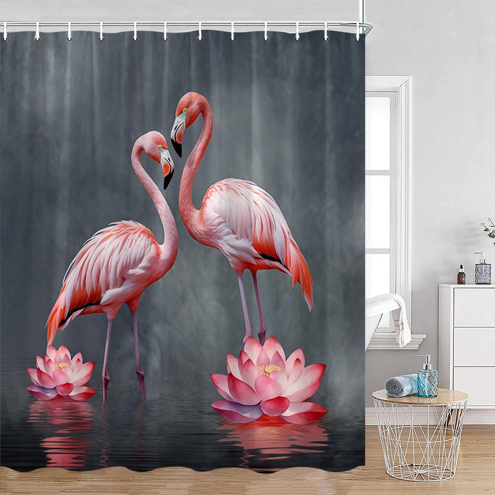 Flamingos Shower Curtains Tropical Leaves Pink Birds Green Plants Bathroom Curtain Polyester Fabric Home Decorations with Hooks