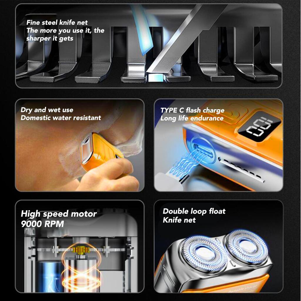 Mini Rotary Beard Trimmer with Power Display Washable Magnetic USB Rechargeable Compact Electric Mustache Trimmer for Travel Orange