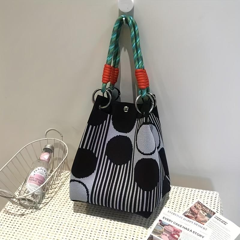 Women's Knit Bucket Bag with Magnetic Closure & Adjustable Rope Handles - Large Capacity Mixed Color Heart Pattern Tote, Durable Polyester Handbag