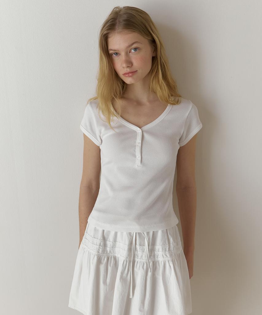 AMONG A Henley Neck Ribbed T-Shirt_White