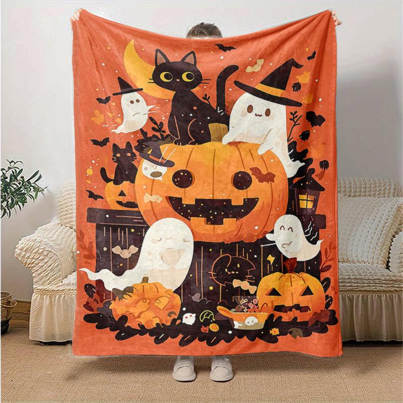 1pc Cats & Ghosts & Pumpkins Halloween Blanket  Seasonal Universal Home Decorative, Living Room, Travel, Camping, Car Blankets