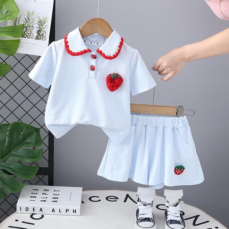 

Комплект из 2 предметов, летний комплект, новый корейский стиль, детская рубашка-поло клубничного цвета + шорты, комплект из двух предметов для детей, дышащая футболка для девочек 120 синий